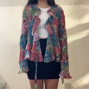 S.L.B Boho Frill Ruffle Colorful Floral Multi-Print Wrap Tie Open Blouse XL